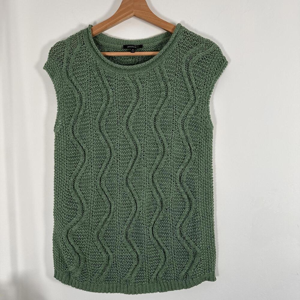 Lafayette 148 New York Green Textured Knit Top M Cap Sleeve Cotton Blend